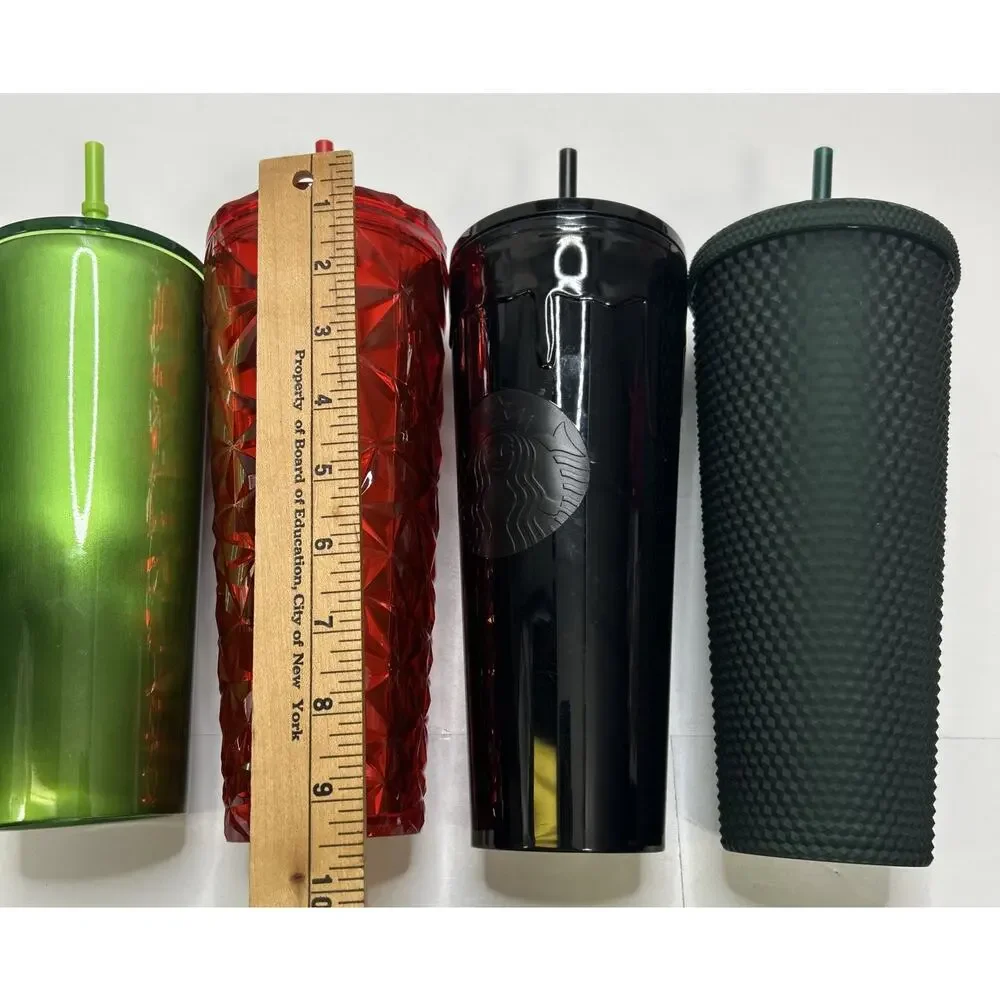 4 Starbucks Mermaid Tumblers Black Drip & Studded -Shiny Green-Red Stars 24 Oz